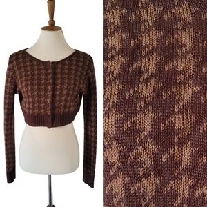 Y2K Timing Brown and Tan Houndstooth  Cropped Cardigan Sweater